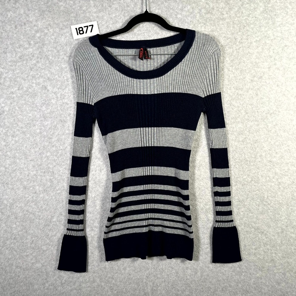 YOKI Sweater Womens Large Gray Navy Striped Ribbed Knit‎ Scoop Neck Pullover